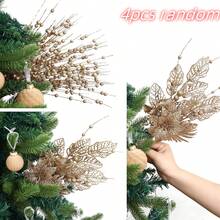 4pcs Champagne Artificial Glitter Berry Flowers Stem Branches Picks For Tree Decoration Gift Small Vase Home Holiday Wedding Party Decor - Multicolor - View 4