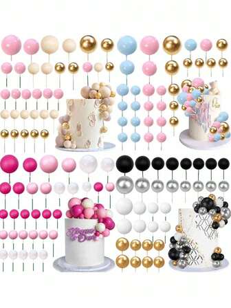 32 piezas Decoraciones coloridas de bolas para pasteles, serie de bolas de espuma rosa, beige, azul, negro y dorado para decorar pasteles de cumpleaños, bautizo, revelación de género, bodas, jubilaciones, fiestas temáticas, Día de la Madre (por favor, usar después de colocar el tubo blanco. La superficie esférica no debe tocar el pastel.)