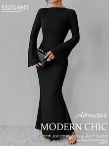 Women's Elegant Ruffle Round Neck Dress, Flared Long Sleeve, Ribbed Texture, Business & Banquet Party Gown, Spring Outfits For Women - 黑色 - 查看 5
