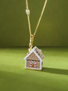 1pc Fashionable & Elegant Enamel Glazed Cubic Zirconia Openable Candy Snow House Christmas Ornament Gingerbread House Pendant Necklace, Suitable For Women's Sweet & Graceful Party Jewelry, Bag, Keychain Pendant, Christmas Gift