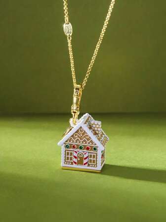 1pc Fashionable & Elegant Enamel Glazed Cubic Zirconia Openable Candy Snow House Christmas Ornament Gingerbread House Pendant Necklace, Suitable For Women's Sweet & Graceful Party Jewelry, Bag, Keychain Pendant, Christmas Gift