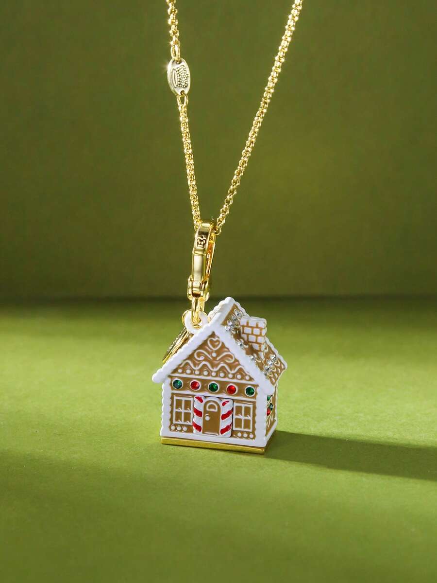 1pc Fashionable & Elegant Enamel Glazed Cubic Zirconia Openable Candy Snow House Christmas Ornament Gingerbread House Pendant Necklace, Suitable For Women's Sweet & Graceful Party Jewelry, Bag, Keychain Pendant, Christmas Gift