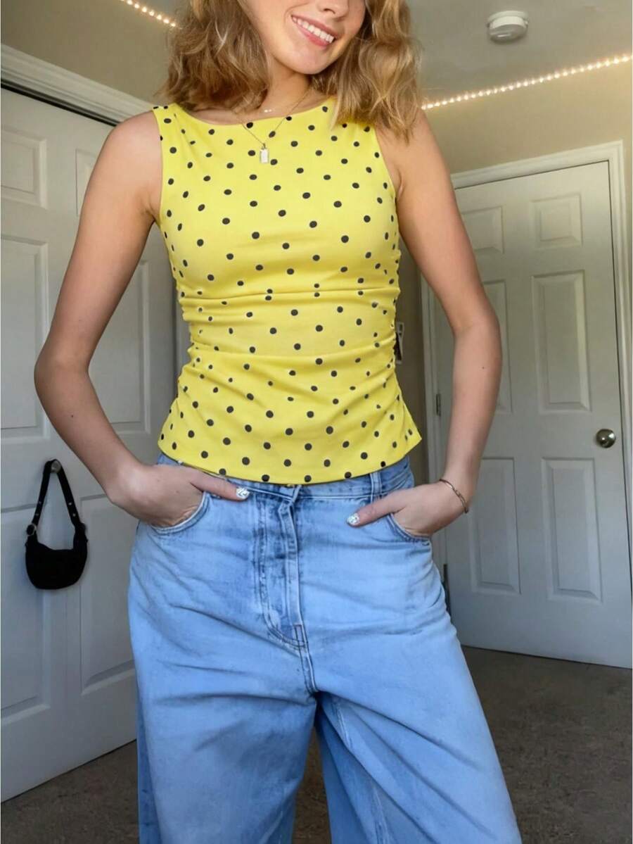 Womens Y2k Slim Fit Pokal Dots Print Crop Vest Stylish Sleeveless Crew Neck Tank Top Fashionable Bow Tie Back Ruched Casual Going Out Tops For Summer Streetwear - 黃色 - 查看 1