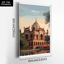 1Pc Canvas Framed Wall Art Delhi, Taj Mahal, Architecture, Vintage Illustration Print Painting Poster Picture Home Decor Gift Wall Decorations For Home, Living Room, Bedroom, Bathroom, Office Decor, Ready To Hang, 2D Flat - 彩色 - 查看 17