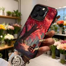 Cubierta de teléfono con diseño de árbol de otoño rojo y banco en bosque para iPhone 14 Pro Max funda negra con estampado de naturaleza escena de parque ideal para amantes de la estética natural y temporada de otoño Aplicable a los teléfonos de la serie Apple y Galaxy - Negro - Ver 6