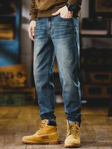 Distressed Dark Denim Jeans Long-Length Washed Workwear Pants Gift For Husband/Boyfriend Men's Jeans Office/Outings/Work/Vacation/Urban/Garbage Rock Style Christmas Gifts For My Husband & Father Vaqueros Para Hombre - (32L) Navy High-Waisted - 查看 4