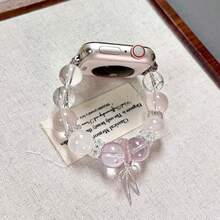 1pc Faux Pink Crystal Watch Band Suitable For Apple Watch, Butterfly Decor Watch Chain - Baby Pink - View 2