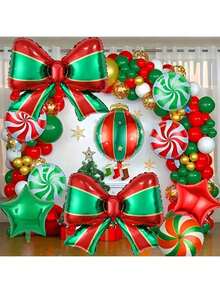 Kit arco di palloncini natalizi - palloncini rossi e dorati con fiocco natalizio a righe, palloncini in poliestere e foil, per compleanno, matrimonio, decorazione natalizia, feste invernali, forniture per feste di Natale
