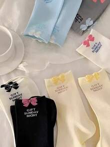 6 Pairs Women's Fashion Cute Bow Solid Color Sheer Mesh Crew Socks