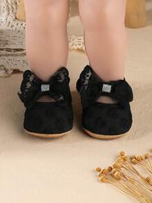 秋季新款 0-1岁 3-6-12个月 女婴可爱蕾丝蝴蝶结公主鞋，婴儿软底学步鞋 - 黑色 - 查看 5