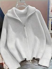 女士秋冬拉链开衫，中东风格宽松罗纹针织毛衣，柔软长袖休闲外套，适合圣诞派对 - 淺灰色 - 查看 7