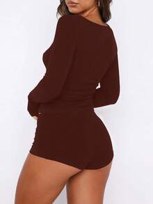 女士纯色长袖衬衫短裤两件套，休闲街头风性感穿搭，春夏款 - 棕色 - 查看 6