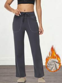 3 Pieces Of Women's Casual Solid Color Drawstring Waist Sports Pants, Women's Solid Color Thermal Insulation Pants, Sports Yoga Pants, Casual Sports Pants, Outdoor Sports Pants, Wide Leg High Waist Side Pocket Casual Pants, Autumn And Winter Daily Casual Graduation And School Clothes, Female Teacher Clothes - 灰色 - 查看 6