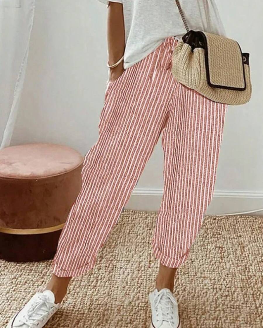 Valentine's Day 2026 Summer Women's Striped Casual Pants Loose Fit Elastic Waist Suitable For Christian Church Activities, Vacation, Beach Etc - 紅色 - 查看 1