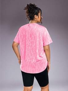 1pc Women Plus Size Casual Sports T-Shirt, Round Neck With Curved Hem, Summer - Pink - View 5