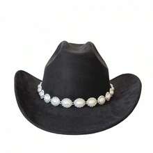 Women's Felt Cowgirl Hat Wide Brim Jazz Cap Stylish Pearl Chain Design Western Hat For Daily Life  Party - 黑色 - 查看 6