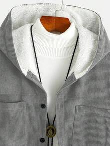 Men's Corduroy Hooded Jacket With Dual Pockets, Long Sleeve, Contrast Button Design, Warm Single-Faced Thermal Lined, Suitable For Casual, Commuting, Outdoor Walking In Autumn/Winter