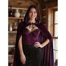 Unisex Adult Black Witch Cape Full Length Hooded Robe Cloak Halloween Dress Up Parties{"Color_name":"Purple-1"} - 紫色的 - 查看 6