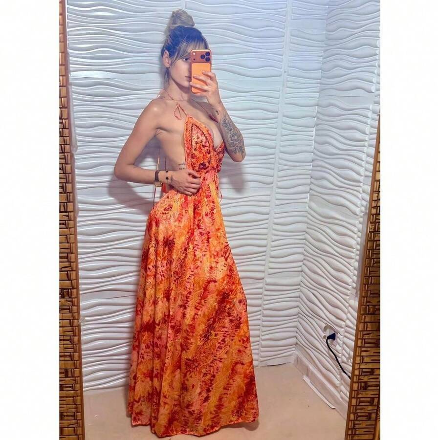 Silk Dress, Boho Style, Bare Back With Elastic. - Naranja - Ver 1