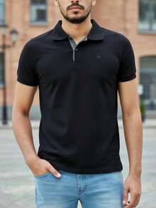 Ogochi Men's Basic Plain Polo Shirt With Logo, No Pocket, Original - 黑色 - 查看 3