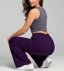 Wide Leg Pants With Flare Leg, Sophisticated Fit, Structured Style, High , Contemporary, Casual, Comfortable, Modern, Chic - Purple - View 4