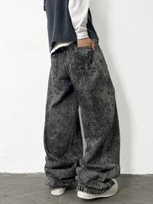 1 chiếc quần jeans ống rộng dáng suông thêu họa tiết phong cách American Vintage High Street, quần dài rộng rãi thoải mái (Không bao gồm thắt lưng và phụ kiện) - màu đen - Xem 2