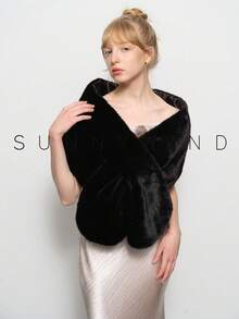 1 Khăn choàng lông nhân tạo thời trang ấm áp bằng polyester màu trơn dành cho nữ, thích hợp cho tiệc tối cô dâu và sử dụng hàng ngày - Mực đen - Xem 1