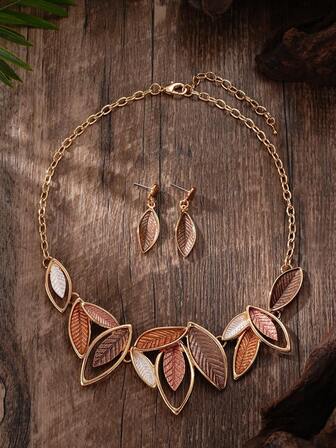 Cring Coco 2pcs Bohemian Style Enamel Classic Leaf Jewelry Set, Khaki Necklace And Earrings Set, Suitable For Women's Daily, Ball, Party, Vacation, Music Festival, Valentine's Day Jewelry Accessories Gift