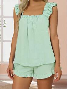 Womens 2 Piece Pajamas Set Cute Sleeveless Ruffle Tank Tops + Shorts Set Lounge Clothes - Màu xanh Bạc hà - Xem 1