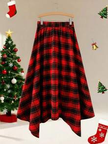 2025 Autumn/Winter Christmas Plaid Asymmetrical/Irregular Belt Midi Skirt