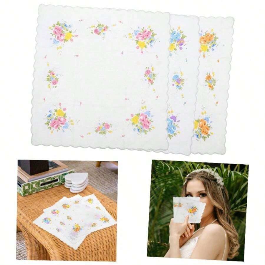 3piezas Pauelo Estampado De Algodn Para Mujer Floral Pauelos Para Bodas y Ocasiones Especiales Uso - inicial - Ver 1