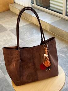 2pcs/Set Autumn/Winter Large Capacity Plush Tote Bag, Fashionable Commuter Handbag With Detachable Pouch & Charm - Multicolor - View 11