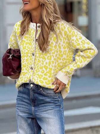 2025 Autumn/Winter New Women Casual Commuter Leopard Print Knitted Button Cardigan, Long Sleeve Knitwear For Daily Wear, Autumn/Winter