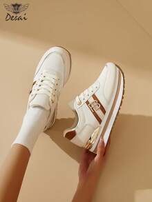 DESAI 1 Pair Women's Fashion Comfortable Sports Shoes, Non-Slip Durable Casual Shoes With Letter Design, Thick Sole Slimming Walking Shoes, Breathable Lightweight Outdoor Shoes - Beige - View 7