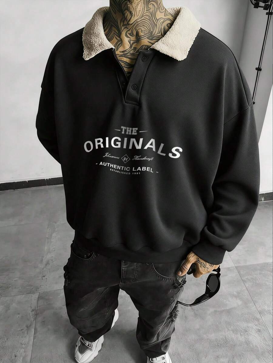 Camvyn Nuevo sudadera con cuello de sherpa de retazos para hombre, de moda casual, para otoño/invierno - Gris Oscuro - Ver 1