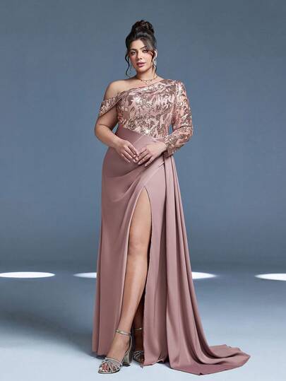Mgiacy New Arrival One Shoulder Fancy Plus Size Evening Gown Dress Ruffle Sequin Ruched Piaopian High Slit Satin Long Dress