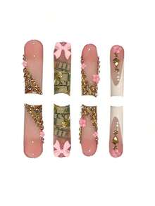 24pcs Long Bow Glitter Flower Nail Stickers With Press-On Nails, Cute Jelly Gel And Nail File Included For All Women - 彩色 - 查看 7
