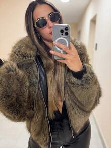 Damen Kunstfell Jacke mit Frontverschluss, Kragen und Taschen - Lässiger Wintermantel für den Alltag - Braun - Übersicht 6