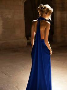 Basrey Nouvelle robe de soirée sirène élégante blanche à fines bretelles, col en V profond, taille haute, dos nu, en satin. Convient pour les mariages, les fêtes, les réceptions, la Saint-Valentin et d'autres occasions - bleu indigo - Voir 3