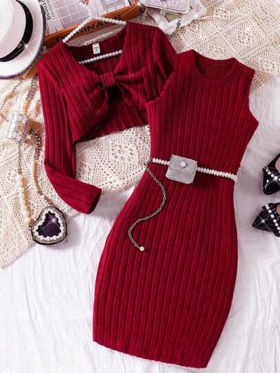 Conjunto de dos piezas para niñas: suéter de punto rojo con lazo + falda tubo ajustada, estilo elegante para fiestas y ocasiones especiales‌
