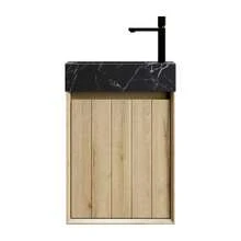 VITO 40cm Wall-Mounted Bathroom Sink With Undermount Sink In Black Marble With Stone Pattern, Solid Wood Cabinets With Stripes, One Door, Pre-Assembled, White Oak Grain Color - 1 - View 9