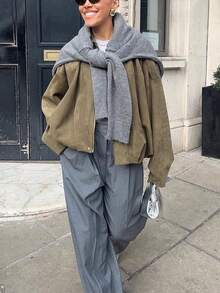 Women's Regular Faux Suede Long Sleeve Single Breasted Loose Casual Jacket, For Spring, Women's Pocket Metal Button Short Military Green Jacket Suitable For Spring And Autumn