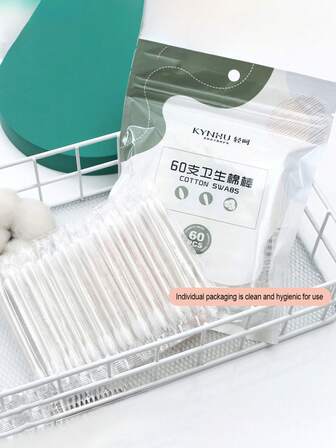 化妆棉签，60支独立包装双头棉签，用于精准修正妆容、定型眼线和晕染细节，专业化妆工具旅行套装