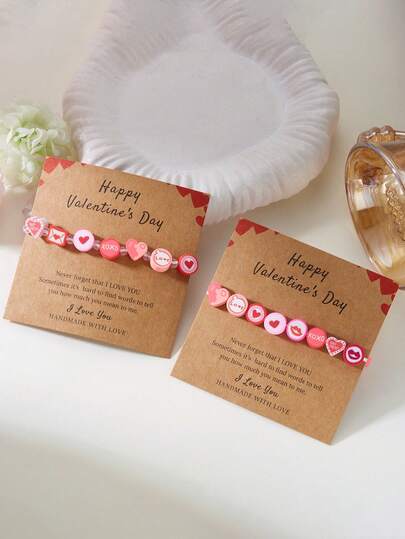 情人节手链，简约百搭粉色心形信封软陶珠情侣手链