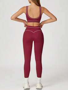 MASKERT Conjunto de Yoga Feminino Sem Costura, 2 peças, Top Esportivo e Legging, Roupa Esportiva Altamente Elástica, Confortável e Suave para a Pele - Vermelho - Ver 4