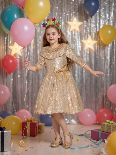 女童金色亮片蝴蝶结优雅圣诞派对礼服，公主裙，适合女孩生日派对、宴会、舞会、婚礼花童、感恩节、毕业典礼等场合。