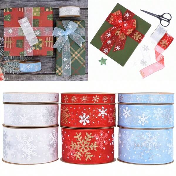 1 Stück halbdurchsichtiges Schneeflocken-Seidenband, perfekt für Weihnachtsgeschenkverpackung, Tortendekoration, Hochzeiten, DIY-Schleifen, Geschenkboxen, verwendet für Feiertagsdekoration, Herbst- und Winterdekoration, Heimdekoration in Weiß, Rot, Blau