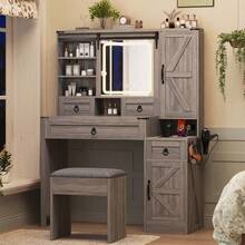MERAX Farmhouse Vanity Desk With Sliding Mirror And Lights, Vanity Set With Glass Top And Charging Station ,Dressing Table With 4 Drawers And 2 Cabinets, Dressing Table With Stool For Bedroom, Gray - 灰色的 - 查看 1