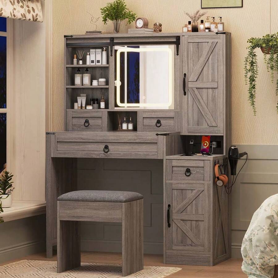 MERAX Farmhouse Vanity Desk With Sliding Mirror And Lights, Vanity Set With Glass Top And Charging Station ,Dressing Table With 4 Drawers And 2 Cabinets, Dressing Table With Stool For Bedroom, Gray - 灰色的 - 查看 1