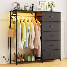Tomnk 5 Drawers Dresser For Bedroom With Hanging Rack With LED Lights & Charging Station, Fabric Dressers & Chest Of Drawers With Clothes Rack, Wooden Top, Grid Panel, Closet, Dresser For Bedroom - 美規B型插(110-127V) - 查看 7